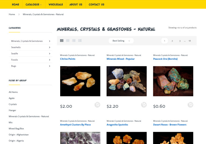 The 'minerals, crystals & gemstones - natural' category page, default sort to best selling, filters on the left, and other features