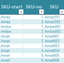 Excel spreadsheet screenshot showing the capture of the first 4 letters, the sequential number, and the final SKU