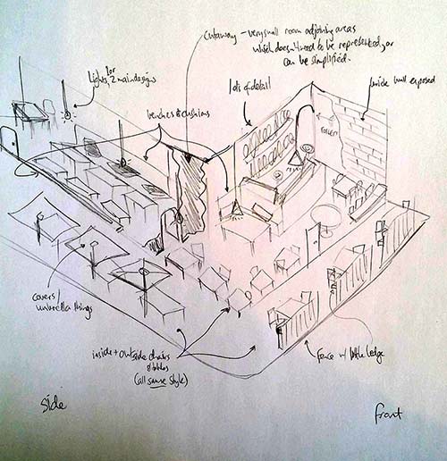 A pencil sketch of an inside cutaway of the cafe